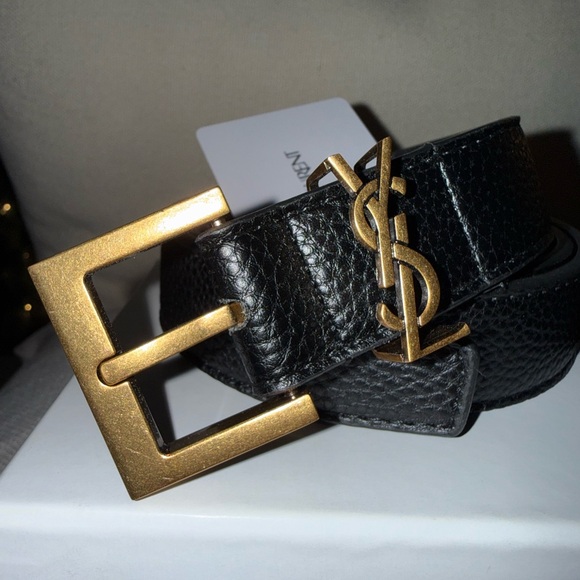 Yves Saint Laurent Black Leather Belt with Gold Logo - Picture 3 of 6